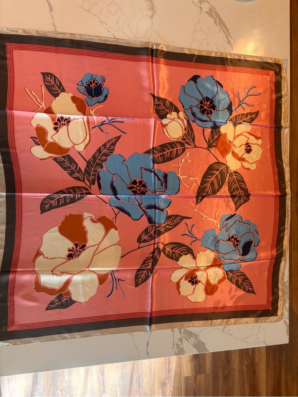 NWOT, Floral Pink Silky Scarf with Blue and Cream Blooms & Rich Dark Brown